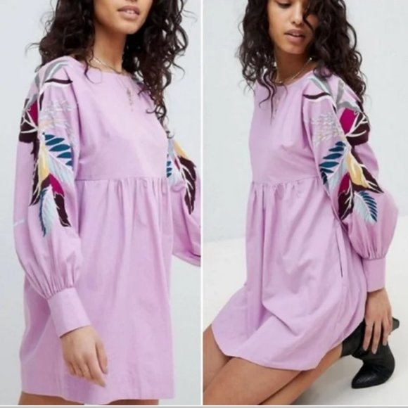 Free People Obsessions Mini Dress Embroidered Floral Boho Babydoll Purpl… - Picture 1 of 3